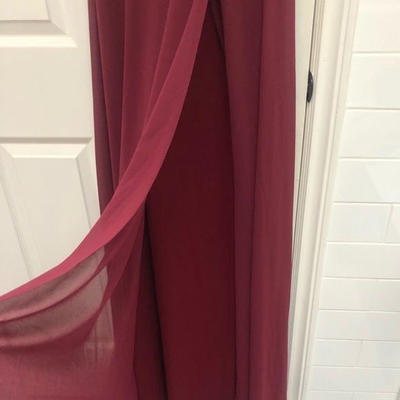 Burgundy Lace Bodice Maxi Dress with Cap Sleeves and Leg Slit from Maniju - Picture 8 of 12